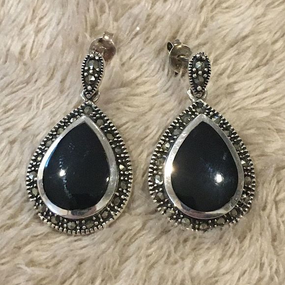 Vintage Onyx Marcasite Sterling Silver Tear Drop Shaped Earrings - Picture 2 of 8